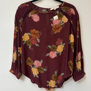 NWT LOFT Sz S Burgundy Floral Print Long Sleeve Lattice Detail Blouse‎ Women's